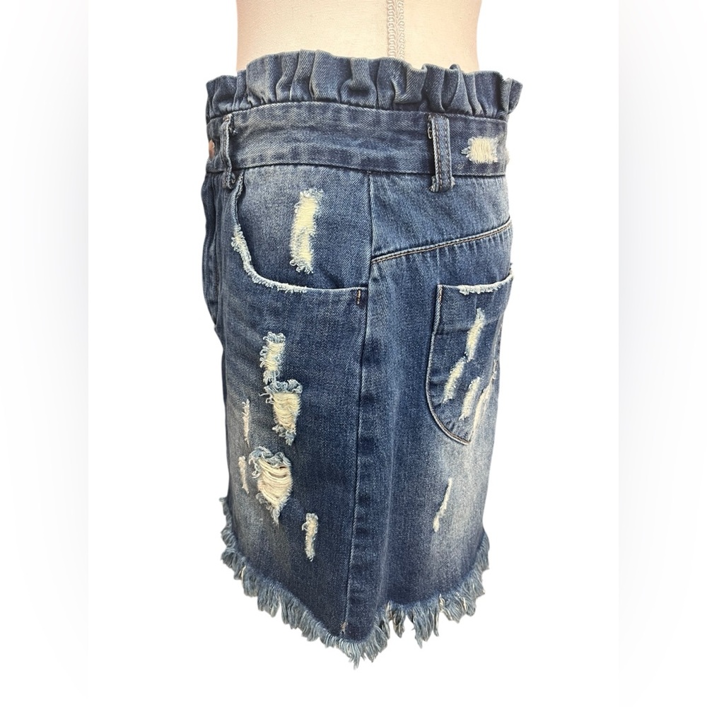 Hayden LA Paperbag Waist Distressed Denim Mini Skirt Size L Boho Festival - Picture 6 of 13